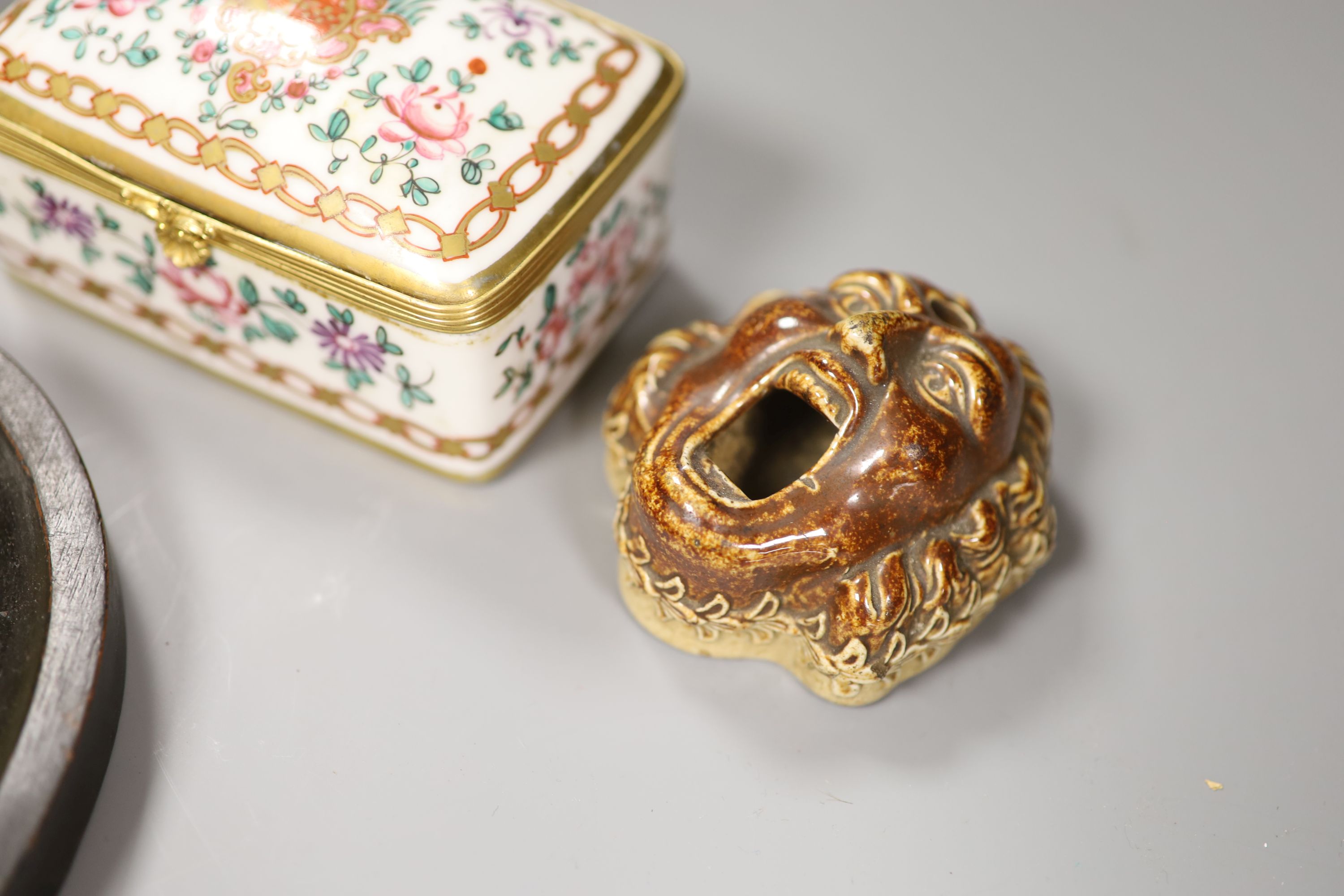 A 19th century Stoneware mask inkwell, two ceramic trinket boxes, a Japanese and a vase